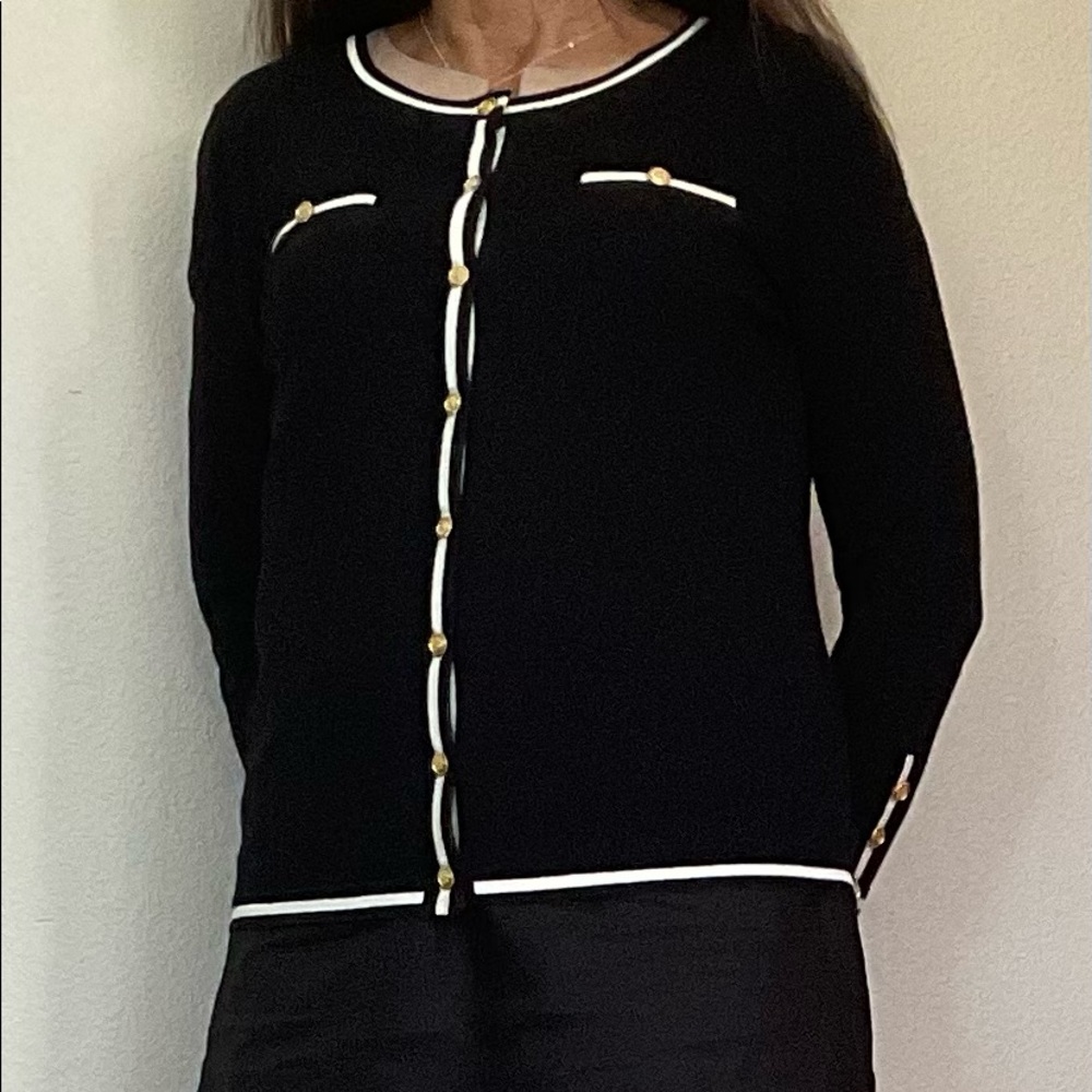 MNG Black Cardigan Sweater, white trim, gold buttons